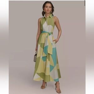 Donna Karan New York SZ 2 Abstract Sleeveless Stretch Cotton Maxi Shirtdress NWT